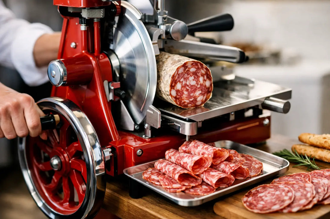 Salami perfekt mit Schwungradmaschine schneiden